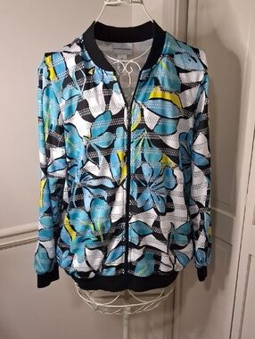 Alfred Dunner Blue, Yellow & Black Floral Bomber Jacket
